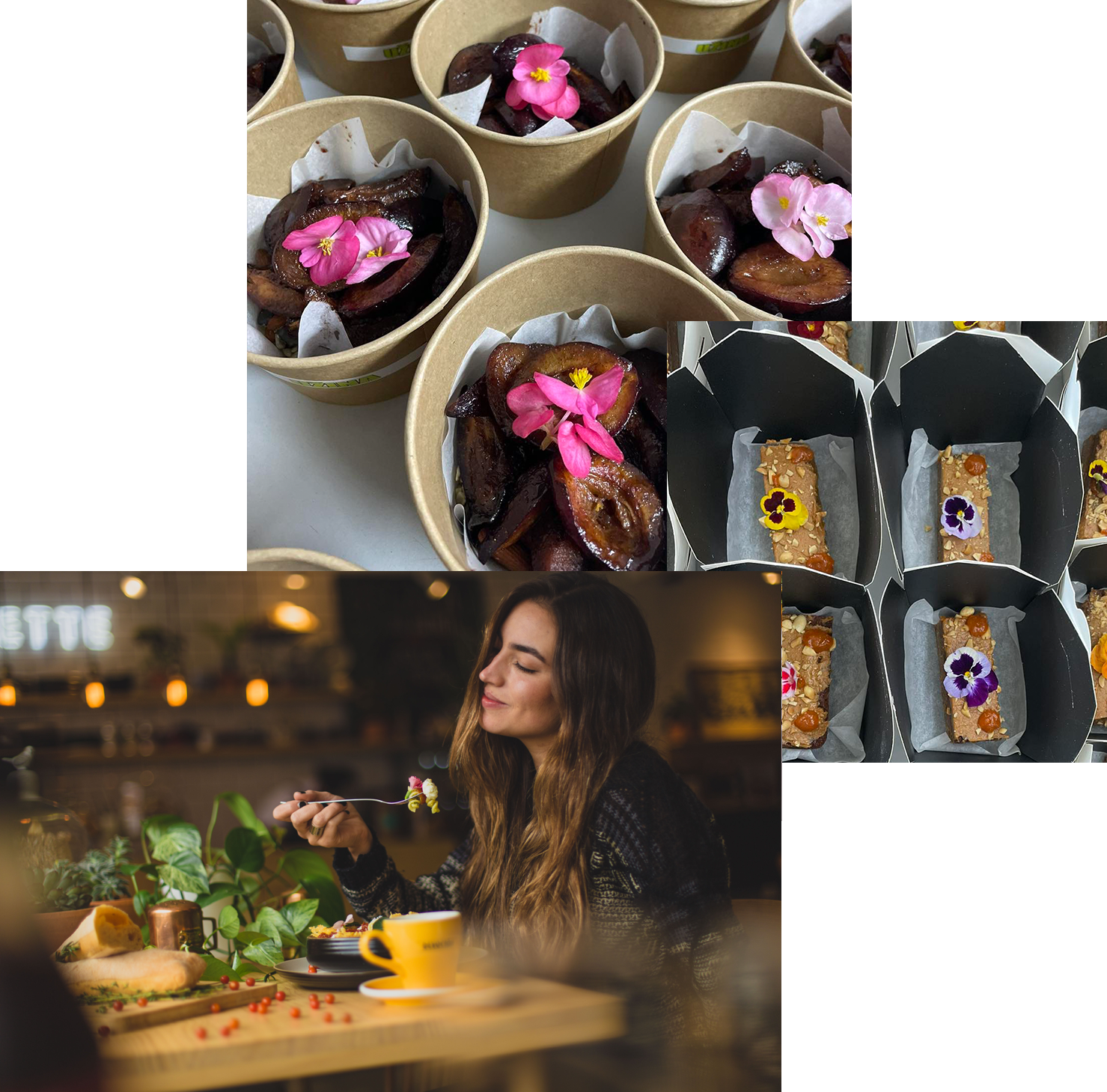 Woman enjoying food, meals in storage container, and food bowls on a table
